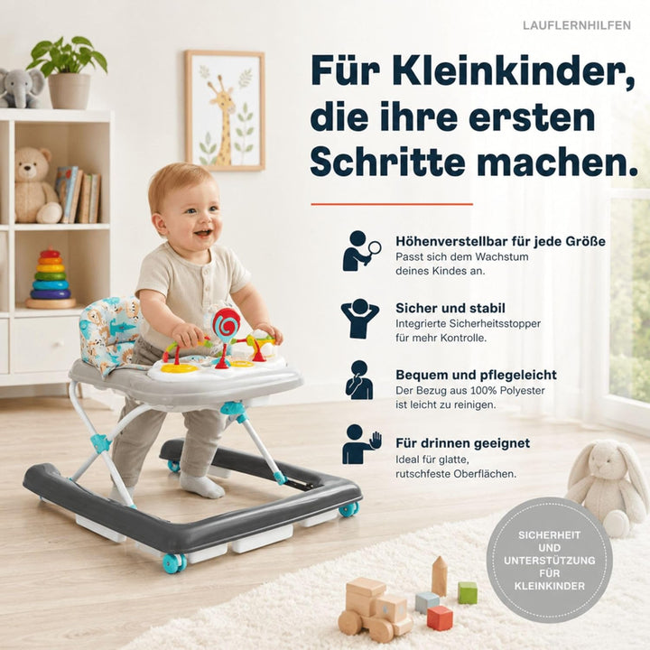 Fillikid Lauflerngerät höhenverstellbar 3-fach mit Sicherheitsstopper | 4 Rollen, ergonomischer Sitz