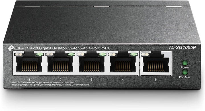 TP-Link TL-SG1005P 5-Port Gigabit PoE Switch mit 4 PoE+ Ports mit TP-Link TL-POE150S Gigabit PoE Inj