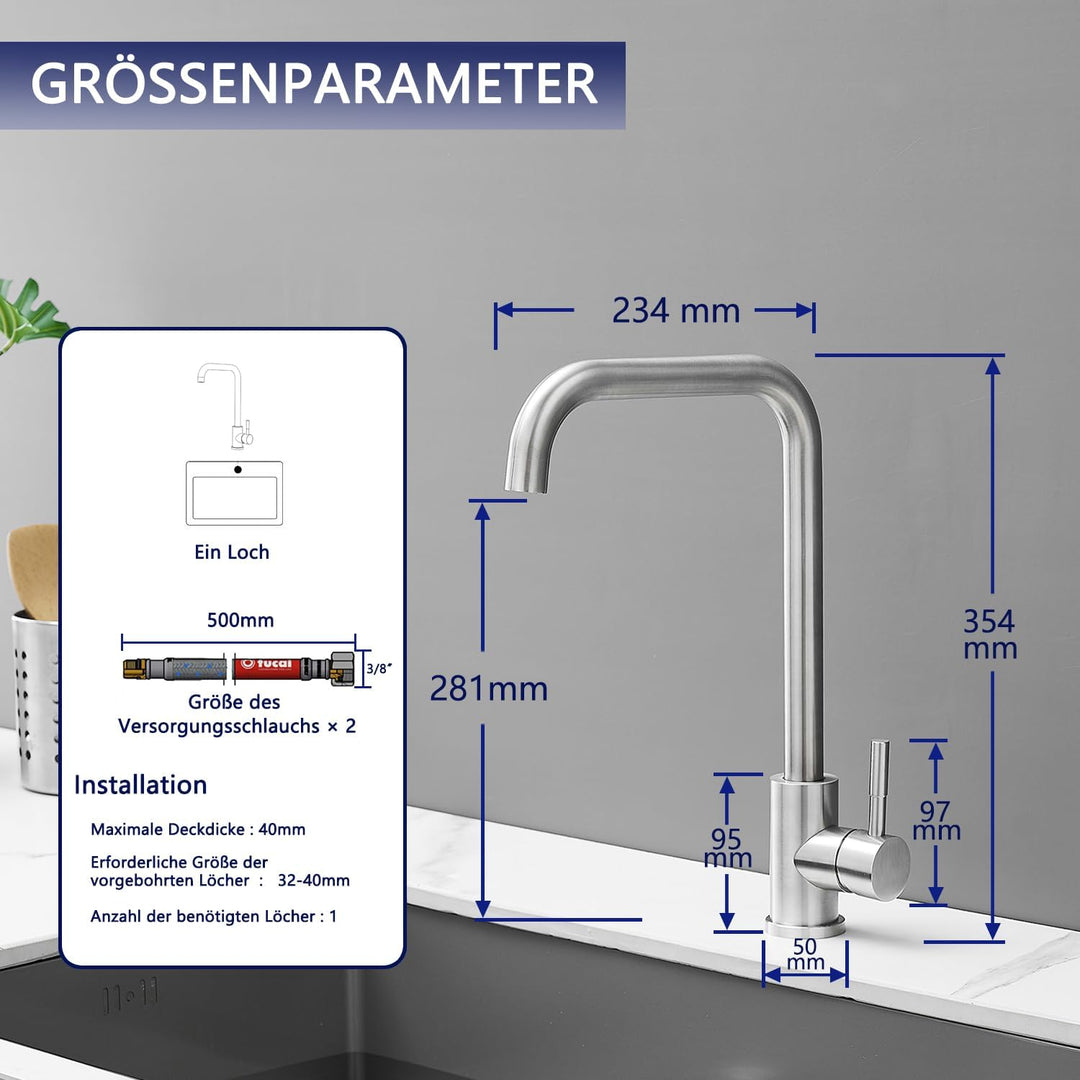 GENBONS Wasserhahn Küche, Küchenarmatur aus Edelstahl, 360° drehbarer L-förmiger Einhebelmischer, Ei