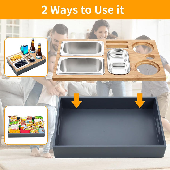 Couchbar Snackbox Grau Mit Snackschalen Aus Edelstahl Sofa Tablett Geeignet für Wohnzimmer, Sofa, Ga