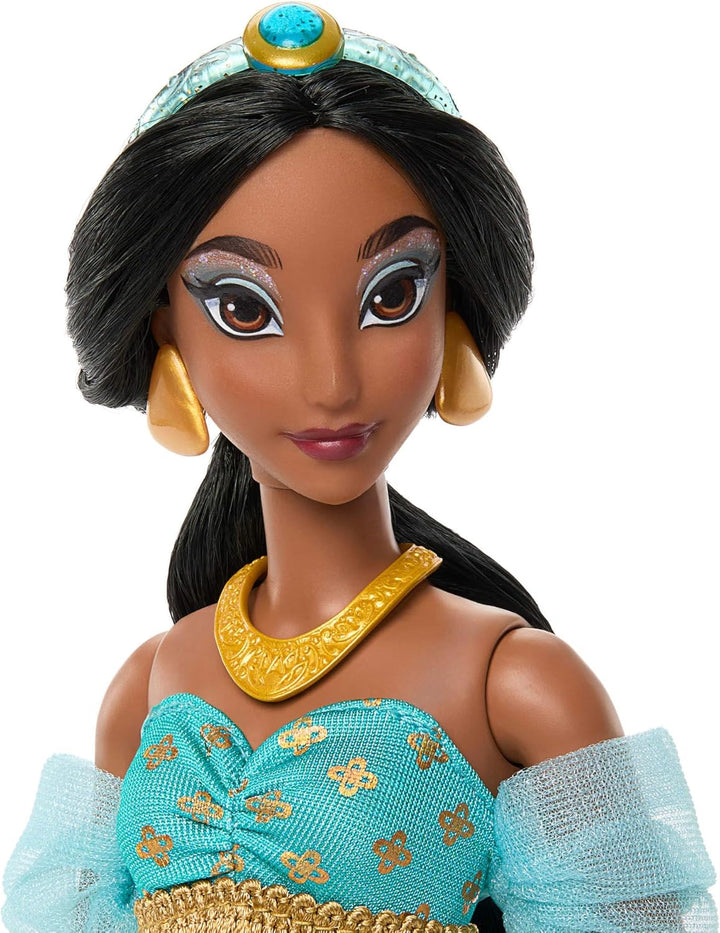 Mattel Disney Princess Glitzerprinzessin Jasmin Modepuppe mit Zubehörteilen, mit abnehmbarem Outfit,