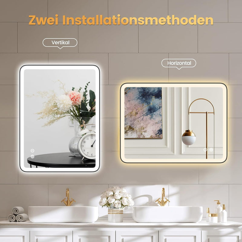 YOLEO Badespiegel mit Beleuchtung, Badezimmerspiegel LED mit Metallrahmen, Wandspiegel mit Touchscha