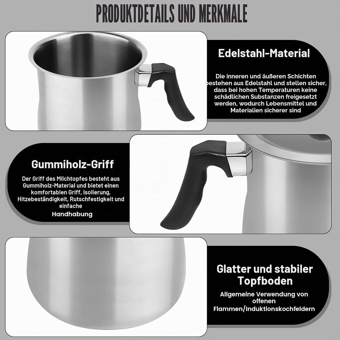2L Edelstahl Milchtopf, doppeltwandig, induktion, rutschfester Kunststoffgriff, Silber, tolle Qualit