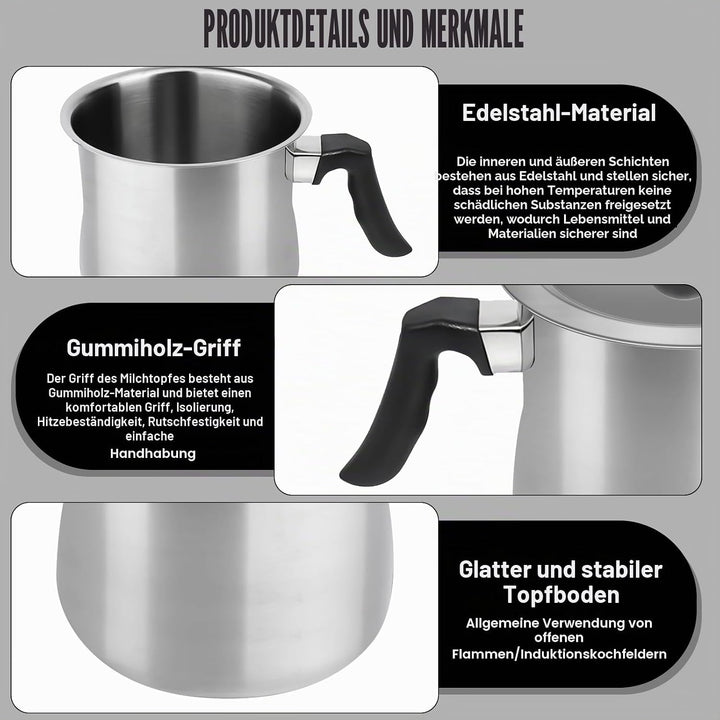 2L Edelstahl Milchtopf, doppeltwandig, induktion, rutschfester Kunststoffgriff, Silber, tolle Qualit