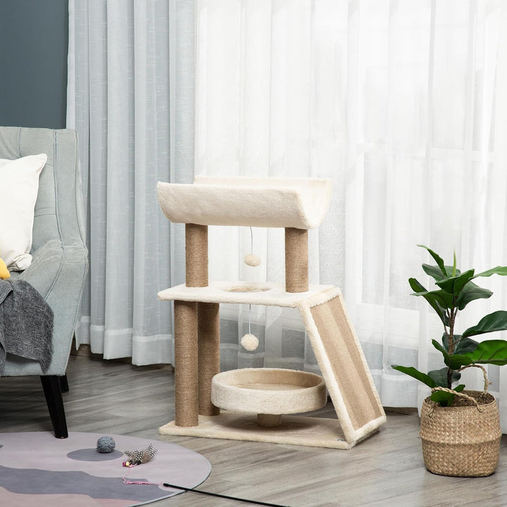 PawHut Kratzbaum mit 2 Spielball für Mittelgrosse Katzen 76 cm Hellbraun | Sisalstämme, Bett, Kratzb