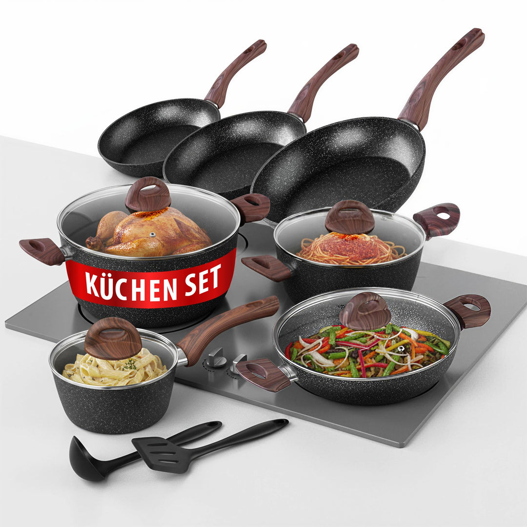 MAGIC HOME Topfset INDUKTION 13-tlg | Aluguss Pfannenset & Kochtopf Set | Marmor Antihaft Bratpfanne