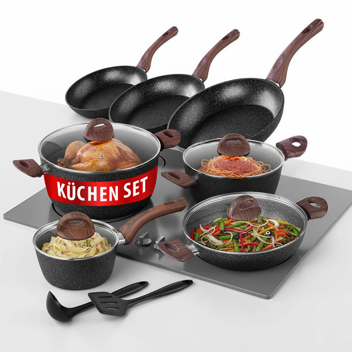 MAGIC HOME Topfset INDUKTION 13-tlg | Aluguss Pfannenset & Kochtopf Set | Marmor Antihaft Bratpfanne
