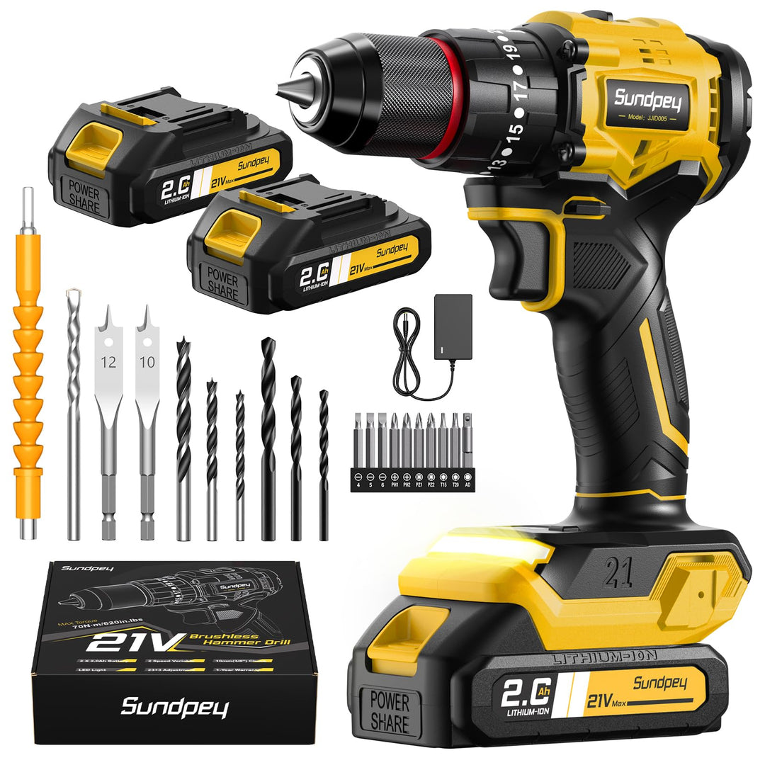 Sundpey 21V Akkuschrauber Set - Max. 70Nm Bürstenlos Akkubohrer und Schrauber mit 2 x 2.0Ah Akku, 23