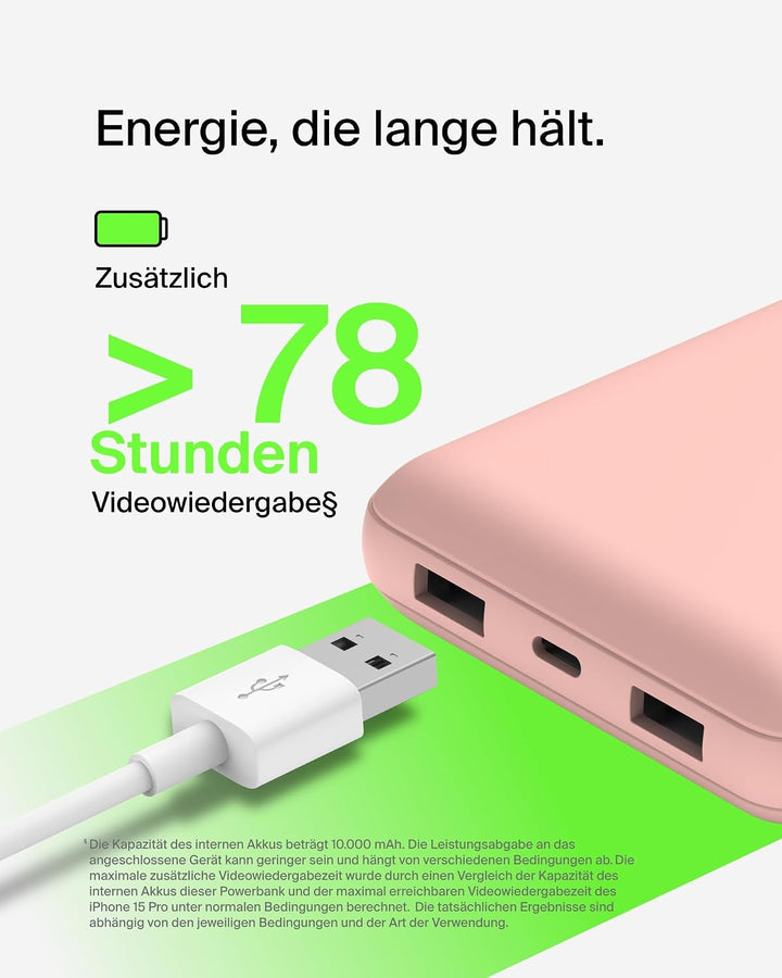 Belkin tragbares USB-C-Ladegerät, 20.000 mAh, 20K Powerbank mit USB-C-Ein-/Ausgang und 2 USB-A-Ansch