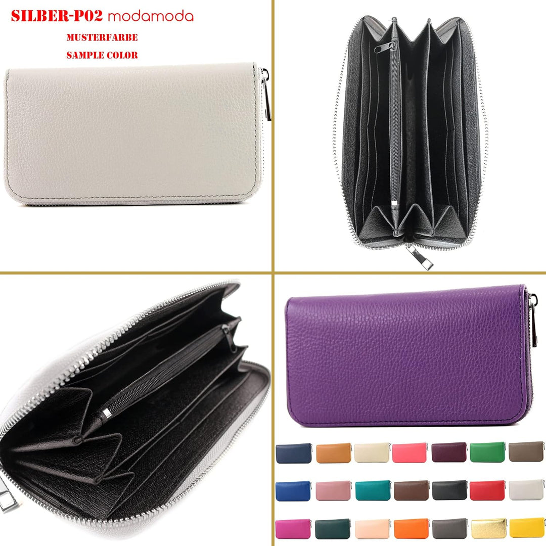 modamoda de - SILBER-P02 - ital. Damen Portemonnaie Echtleder lang, Farbe:Türkisblau, Türkisblau