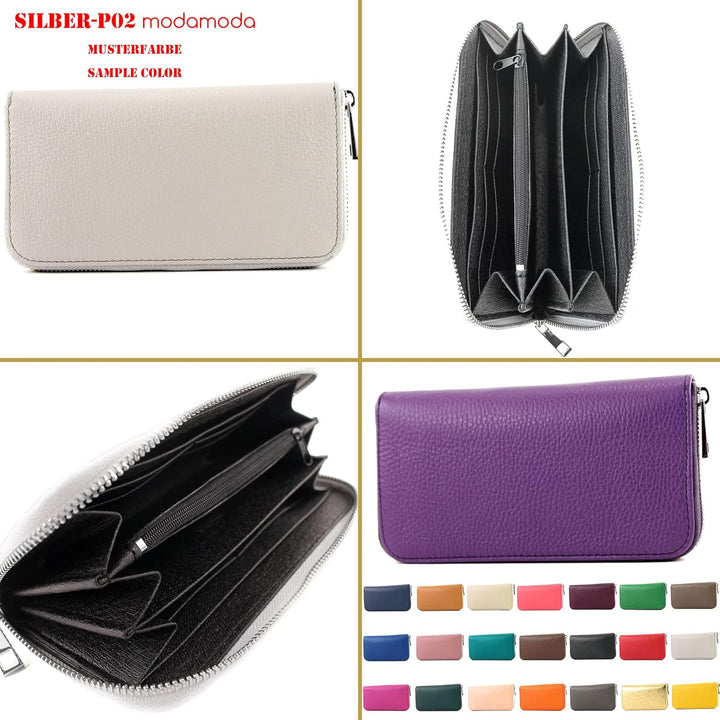 modamoda de - SILBER-P02 - ital. Damen Portemonnaie Echtleder lang, Farbe:Blume-01, Blume-01