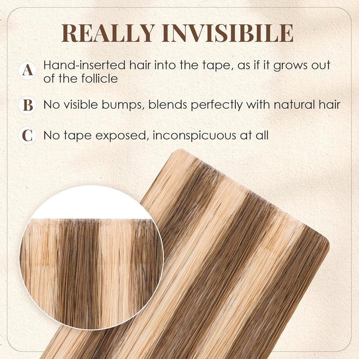 Elailite Tape Extensions Echthaar #4P27 Mittelbraun/Honigblond, 10 Stück Unsichtbar Kleber Haarverlä