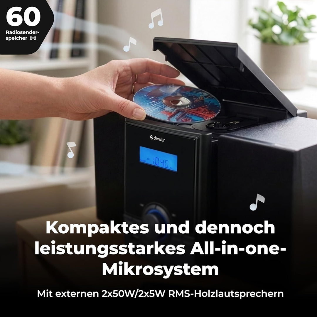 Denver MDA-285 Musiksystem – DAB+ & FM Radio mit Plattenspieler, CD-Player, Bluetooth & AUX, Echthol