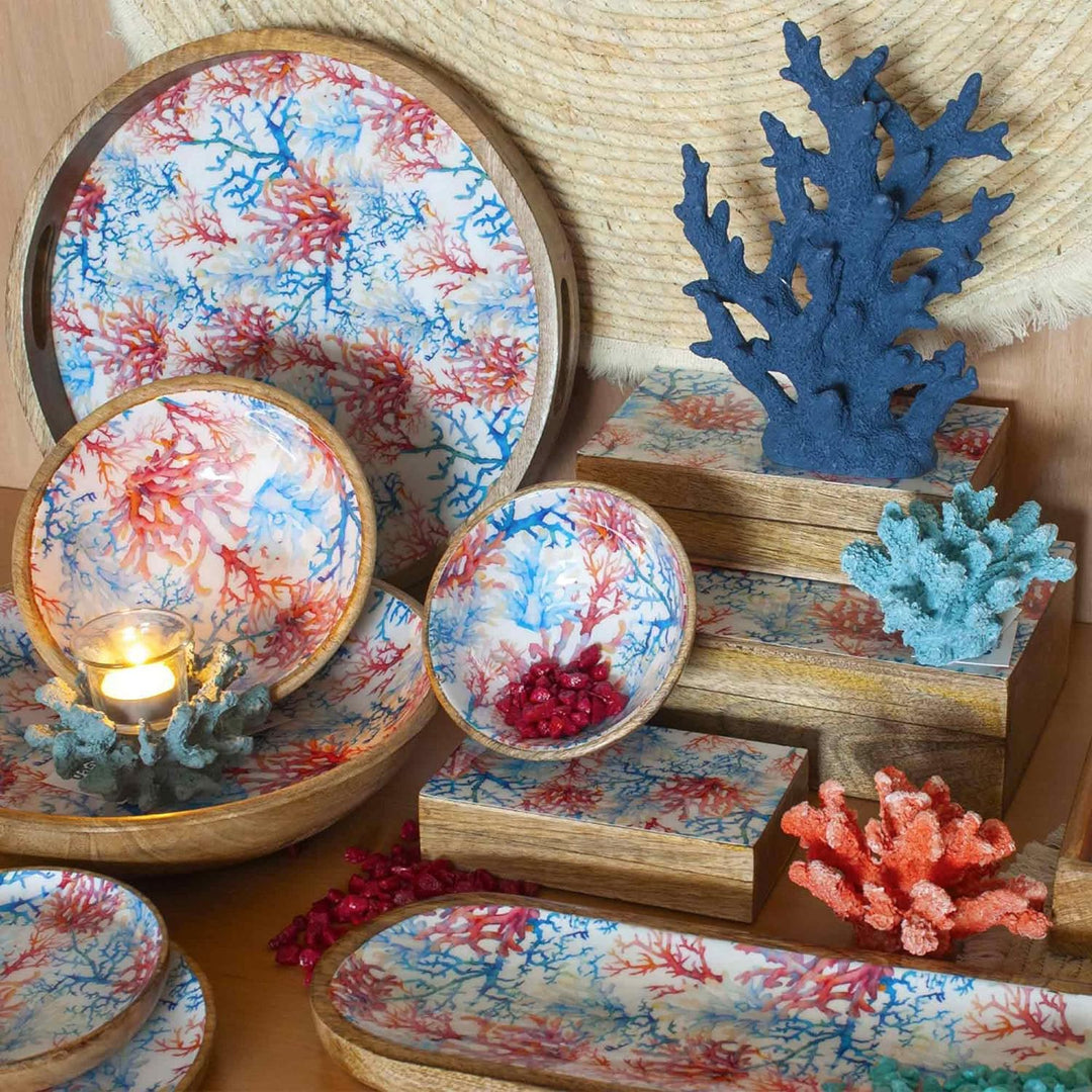 Set mit 3 Boxen aus Mangoholz, Motiv: Korallen, Blau und Rot, L 25,5 cm (gross)