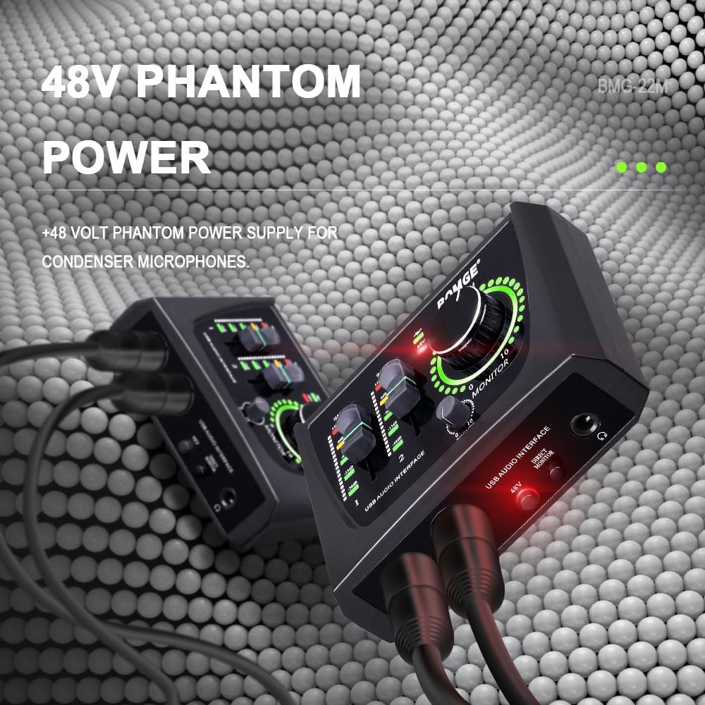 BOMGE Mini-2-Kanal-USB-Audio-Schnittstelle für Aufnahmen, Streaming und Podcasting, mit XLR/48 V Pha