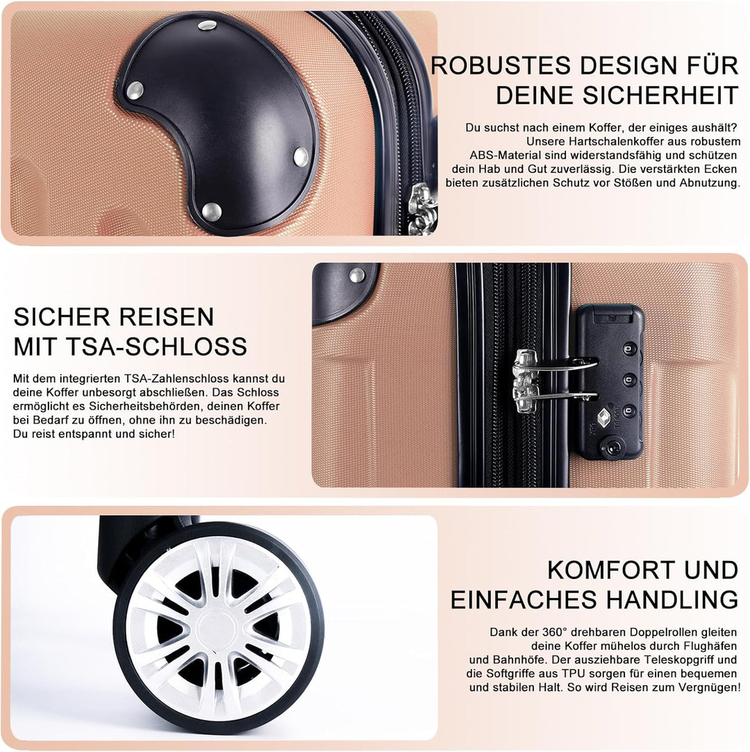 3er Kofferset - Robuste ABS- Hartschalenkoffer, TSA-Zahlenschloss, erweiterbare Kapazität - in M, L,