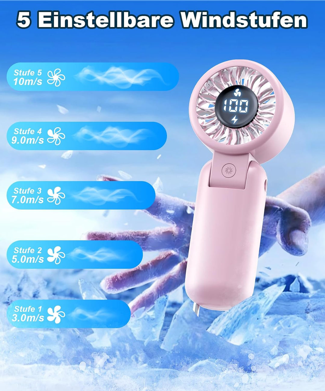 Handventilator mit LED-Anzeige, Mini Ventilator Tragbar Akku Wiederaufladbar, Faltbar USB Tischventi