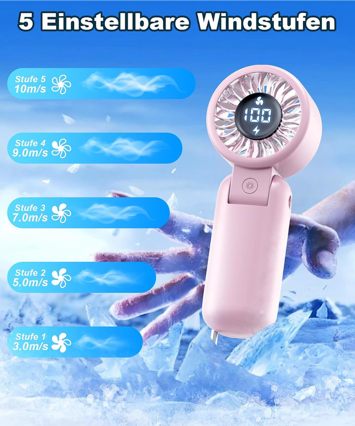 Handventilator mit LED-Anzeige, Mini Ventilator Tragbar Akku Wiederaufladbar, Faltbar USB Tischventi