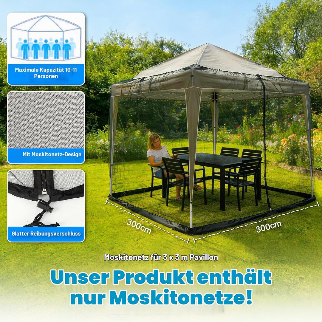 3x3m Moskitonetz Fliegengitter für Pavillon Sonnenschirm, PP Nanocomposite Gazebo Mosquito Net 4-Sei