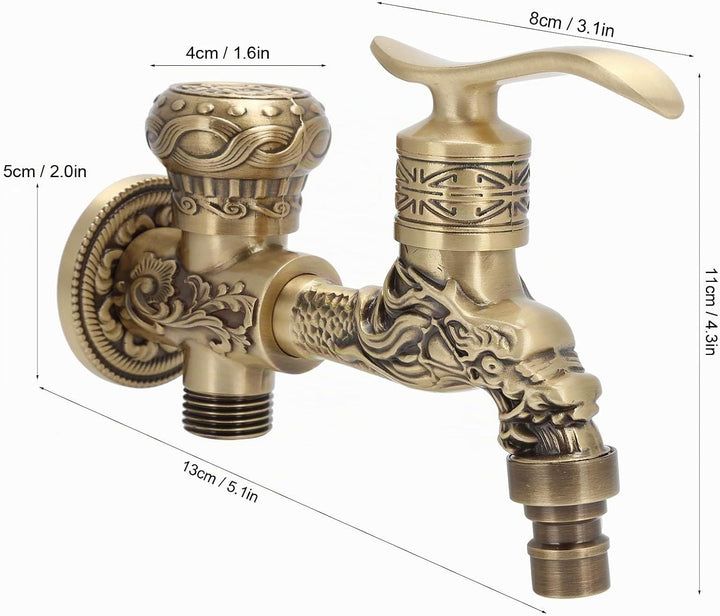Vintage Garten Wasserhahn, 1/2 Zoll, Wasserhahn Messing Lang mit Drachen Design, Lange Griffe, Doppe