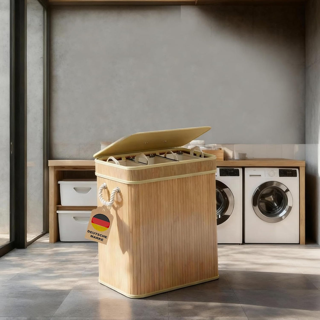AdelDream Wäschekorb 150L Bambusoptik mit Deckel & Griffen, 3-Fach Wäschesammler Faltbar, Wäschebox