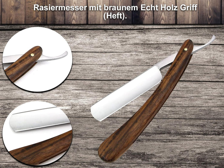 Rasiermesser Set mit Paste aus Solingen und Profi Streichriemen und Holzgriff Rasiermesser 5/8 Zoll