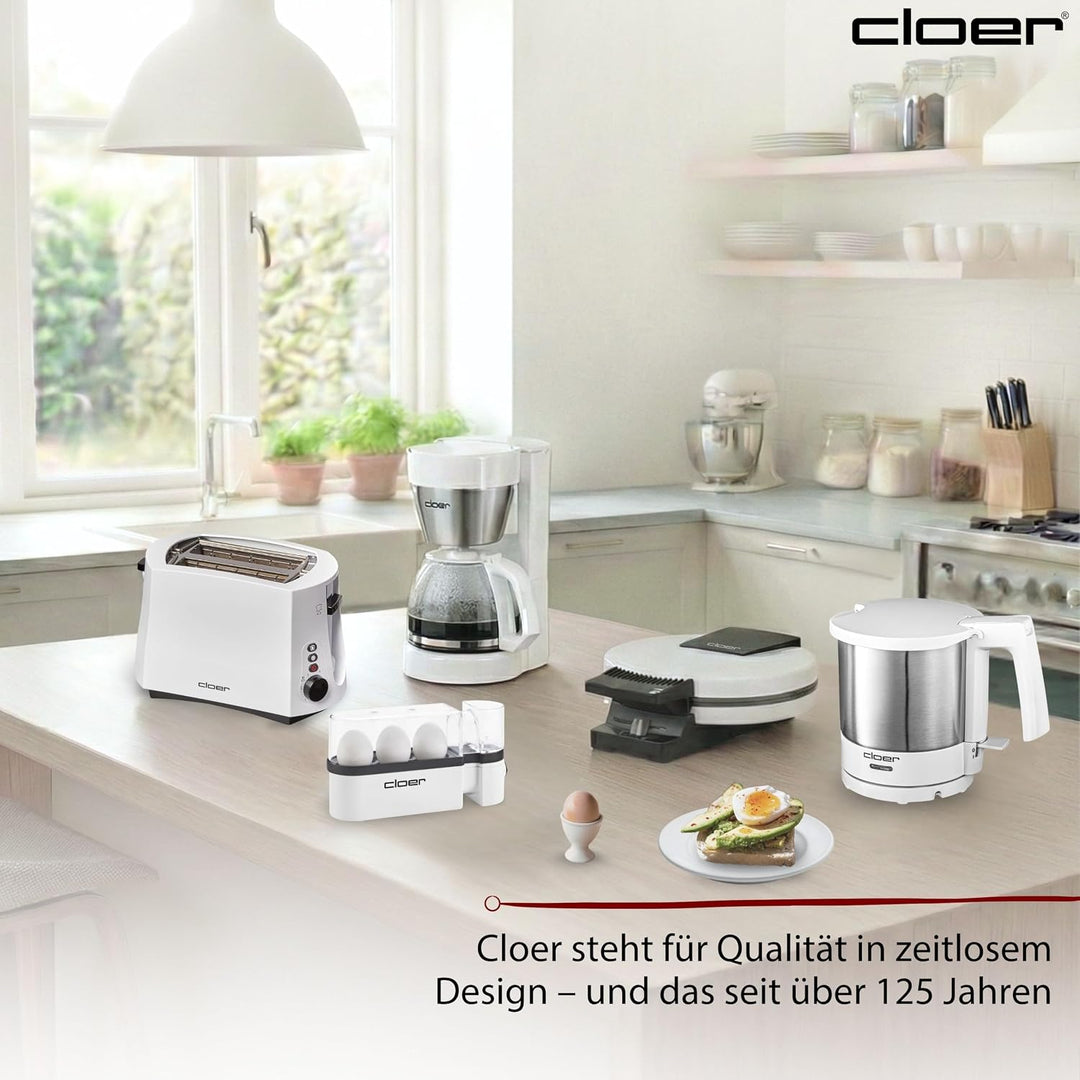 Cloer 6021 Eierkocher, bis zu 3 Eier, herausnehmbarer Eierträger, Servierfunktion, 300 Watt, Kunstst