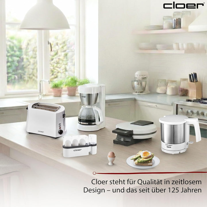 Cloer 6021 Eierkocher, bis zu 3 Eier, herausnehmbarer Eierträger, Servierfunktion, 300 Watt, Kunstst