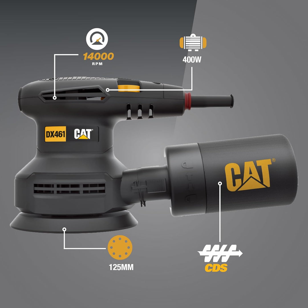 CAT DX461 125 mm Exzenterschleifer 400W, 5000–14000 U/min, Ø2,5 mm, (inkl. Zyklon-Staubbox, variable