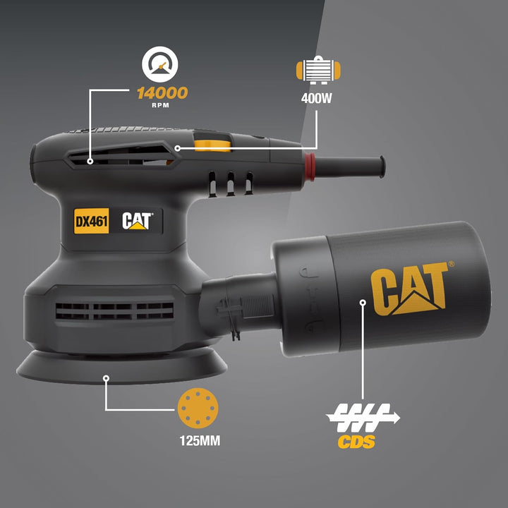 CAT DX461 125 mm Exzenterschleifer 400W, 5000–14000 U/min, Ø2,5 mm, (inkl. Zyklon-Staubbox, variable