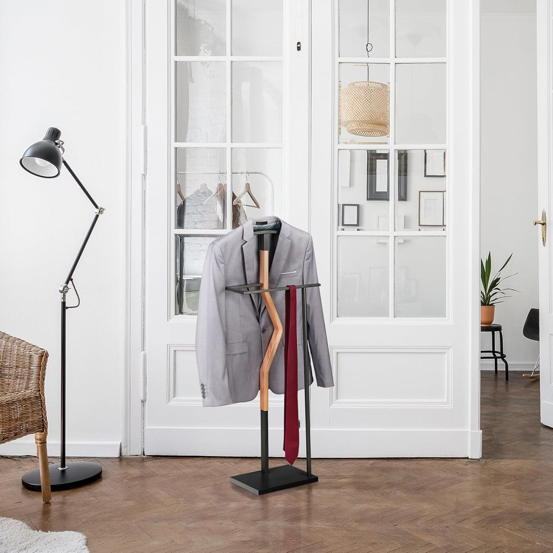 Relaxdays Herrendiener, Jackett & Hose, HxBxT: 107x48x20 cm, Metall & Holzoptik, Stiller Diener Schl