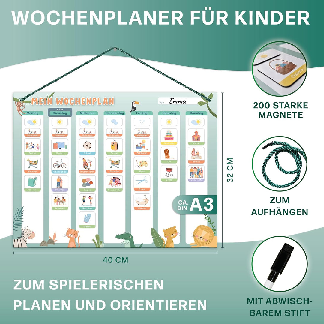 Mini Mindz® Wochenplaner Kinder - Montessori Magnettafel im niedlichen Design inkl. 200 Magnete & St