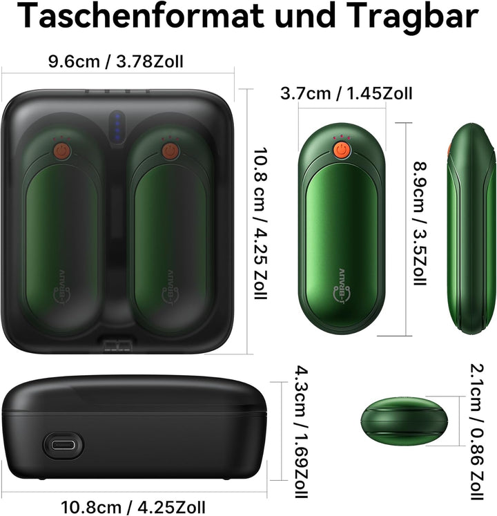 Handwärmer Elektrisch 2er Set, 2000mAh Taschenwärmer Wiederverwendbar Mit 10000mAh Ladebox, 5 Heizst