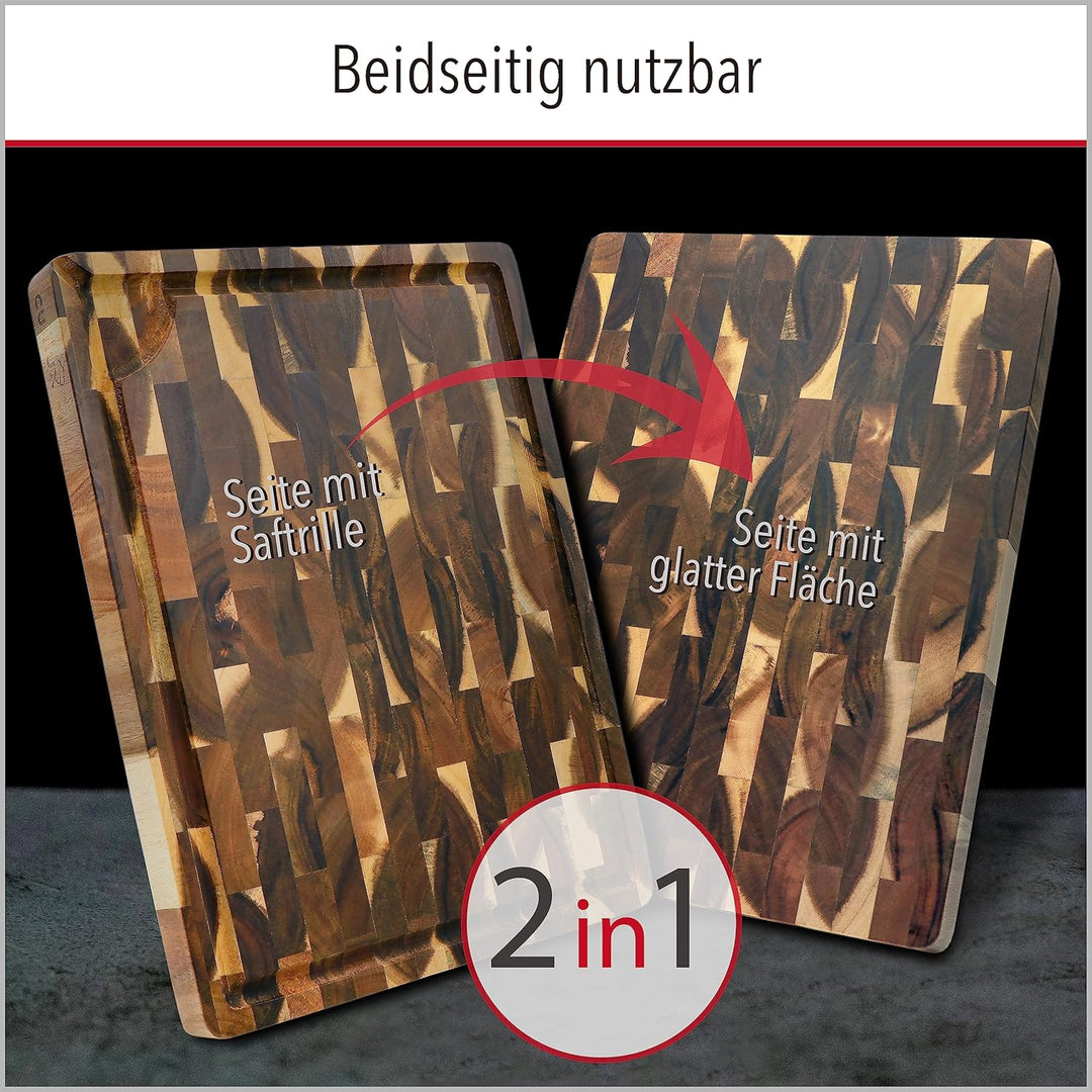 CULILUX® Gourmet Schneidebrett L Stirnholz Akazie 2-seitig 40 x 30 x 3 cm mit Saftrille antiseptisch