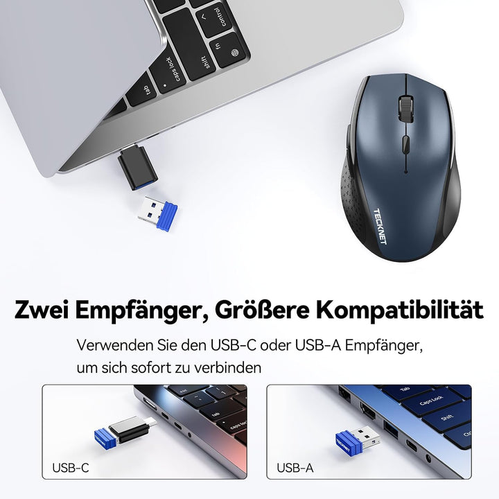 TECKNET Bluetooth-Maus, wiederaufladbare kabellose Maus für Laptop (Tri-Modus: BT 5.0/3.0 + 2.4G), 6