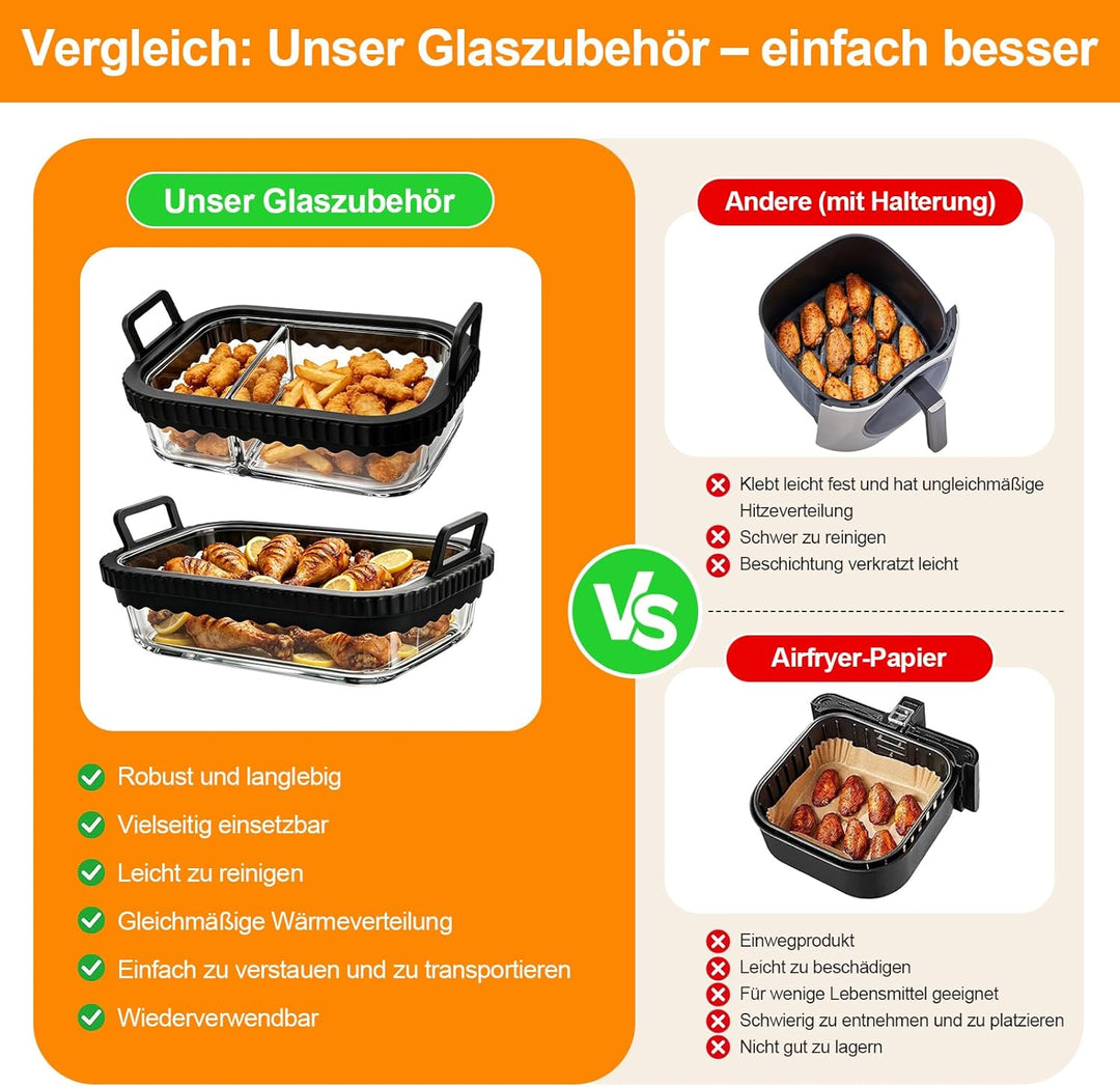 2 Stück Auflaufform Airfryer für Ninja & Cosori 2 Kammern Glasform mit Deckel & Abnehmbaren Griffen