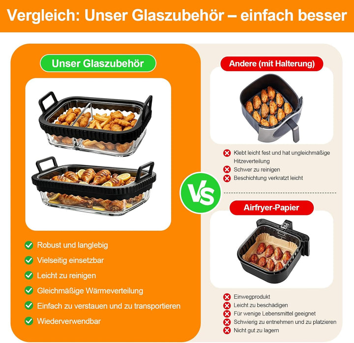 2 Stück Auflaufform Airfryer für Ninja & Cosori 2 Kammern Glasform mit Deckel & Abnehmbaren Griffen