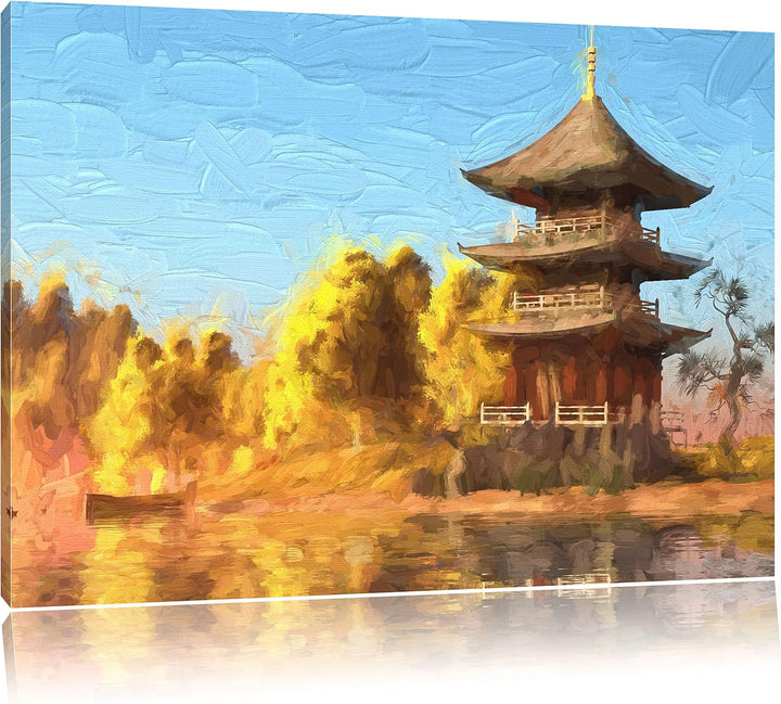 Pixxprint prachtvoller asiatischer Tempel an See Kunst Pinsel Effekt, Format: 100x70 auf Leinwand, 1