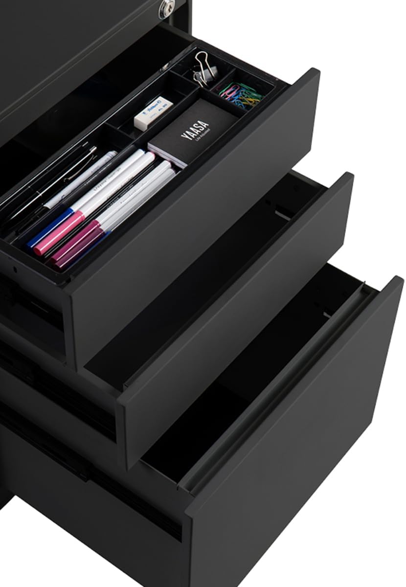 Yaasa File Cabinet Edged Kompakt Schwarz - Rollcontainer aus Stahl, Aktenschrank mit 3 verschliessba