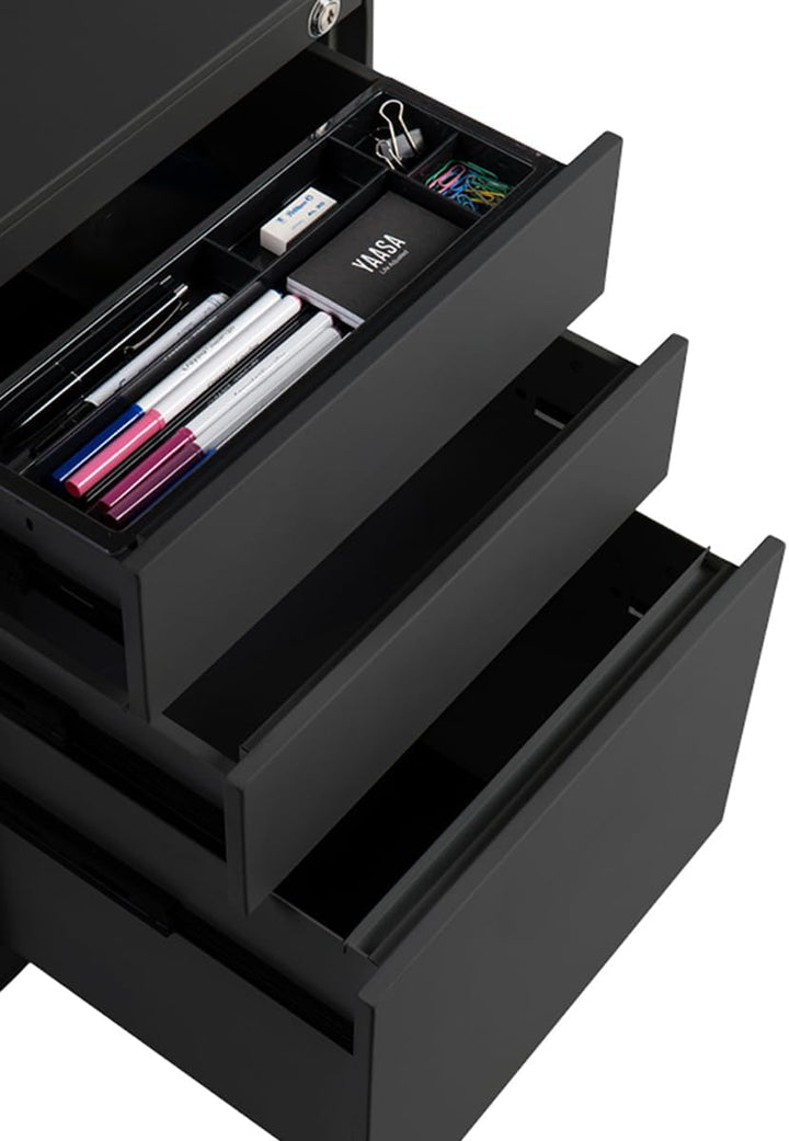 Yaasa File Cabinet Edged Kompakt Schwarz - Rollcontainer aus Stahl, Aktenschrank mit 3 verschliessba