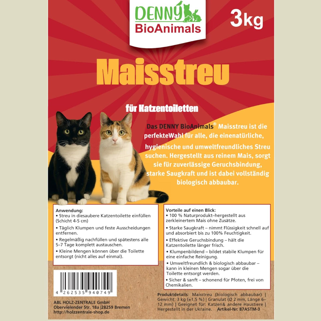 Maisstreu 15 kg (5 Säche je 3 kg), 40 L Mais-Katzenstreu – 100% natürlich &amp; biologisch abbaubar – kl