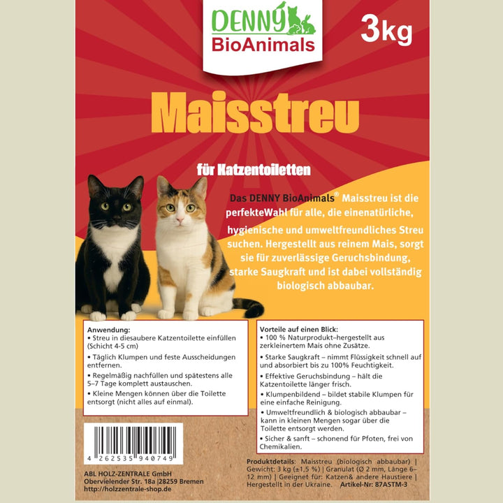 Maisstreu 15 kg (5 Säche je 3 kg), 40 L Mais-Katzenstreu – 100% natürlich &amp; biologisch abbaubar – kl