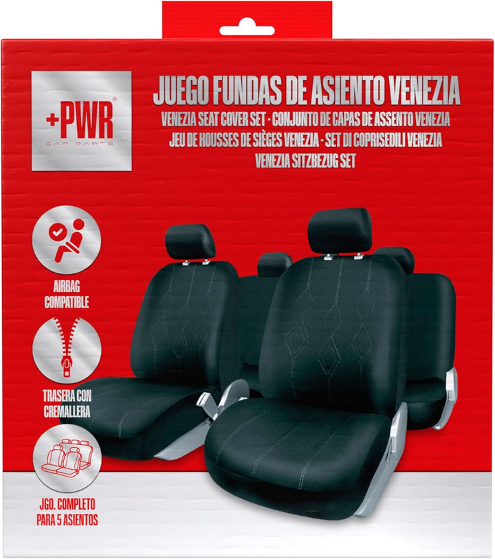 Satz Universal-Sitzbezüge Venezia Schwarz. Airbag-kompatibel, geteilter Rückenreissverschluss. Kompl