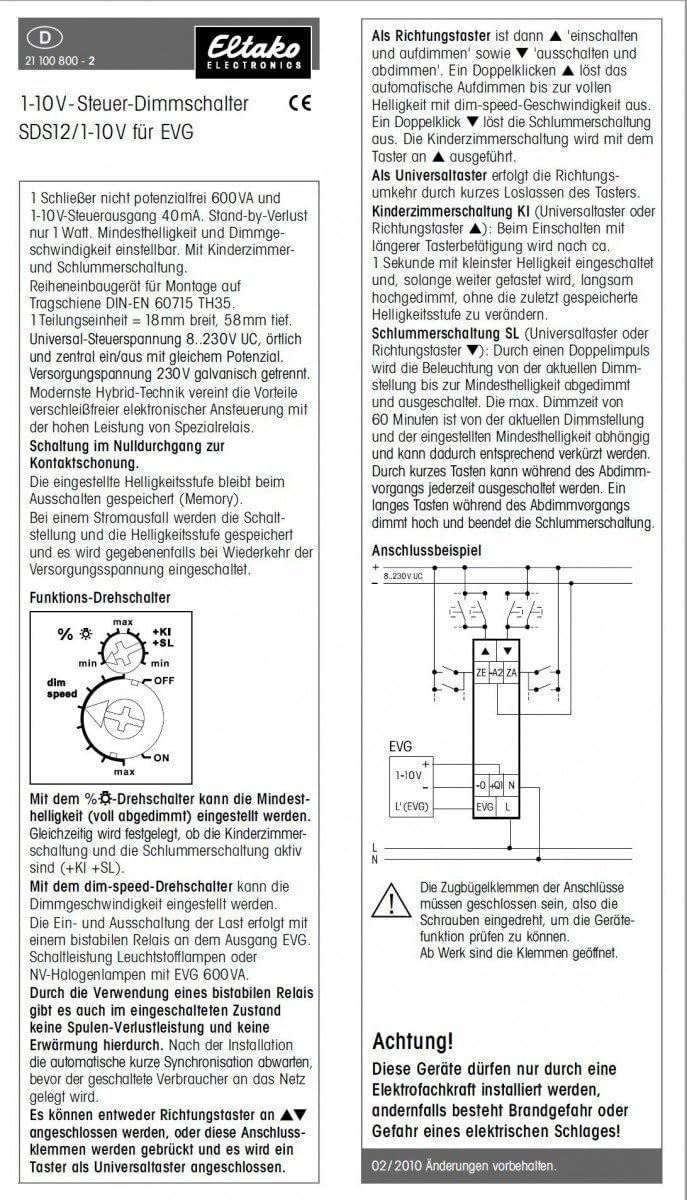 Eltako 1393061 1-10V-Steuer-Dimmschalter für EVG