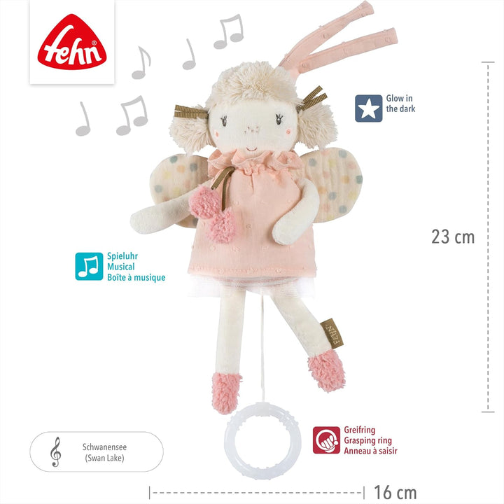 Fehn Mini-Spieluhr Fee – Kuscheltier & Einschlafhilfe: Aufzieh-Spieluhr mit sanfter Melodie „Schwane