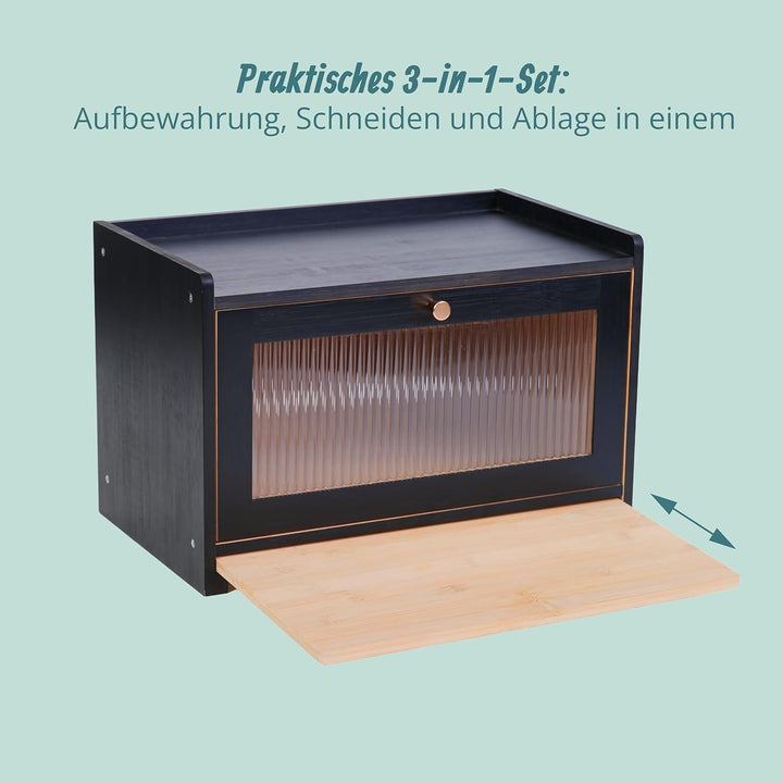 Relaxdays Brotkasten, Bambus, Schneidebrett, Ablage, Luftlöcher, Sichtfenster, HxBxT: 26 x 40 x 25 c