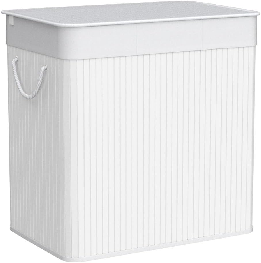 SONGMICS 150L Wäschekorb, Wäschebox mit Deckel, Wäschesortierer, aus Bambus, mit Griffen, 3 Fächern,