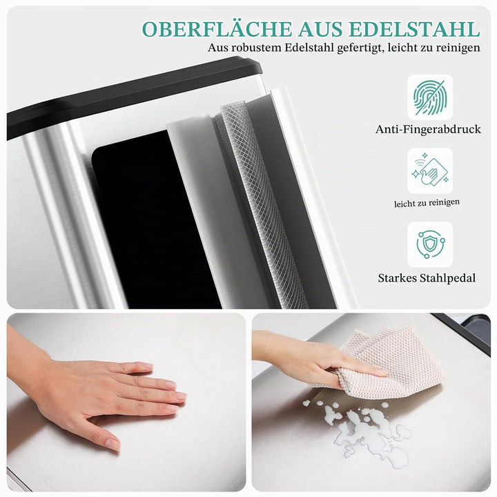 LIFERUN Mülleimer 40l, Abfalleimer Küche mit Inneneimer,mit Deckel Softclose, Tretmülleimer aus Stah