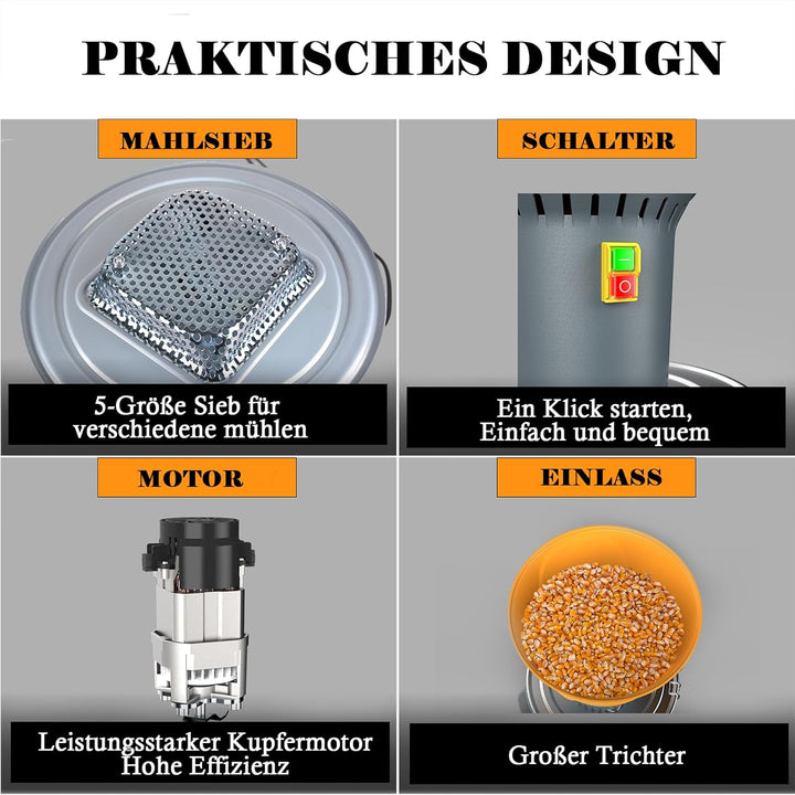 Elektrische Getreidemühle 25L Malzmühle Walzenmühle Schrotmühle aus Edelstahl 1000W 19000r/min für G