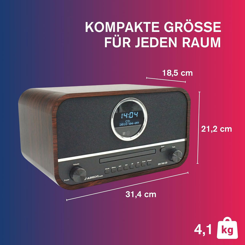 Albrecht DR790CD Digitalradio DAB+, 27790, multifunktional inkl. CD-Player und Bluetooth, Holzgehäus